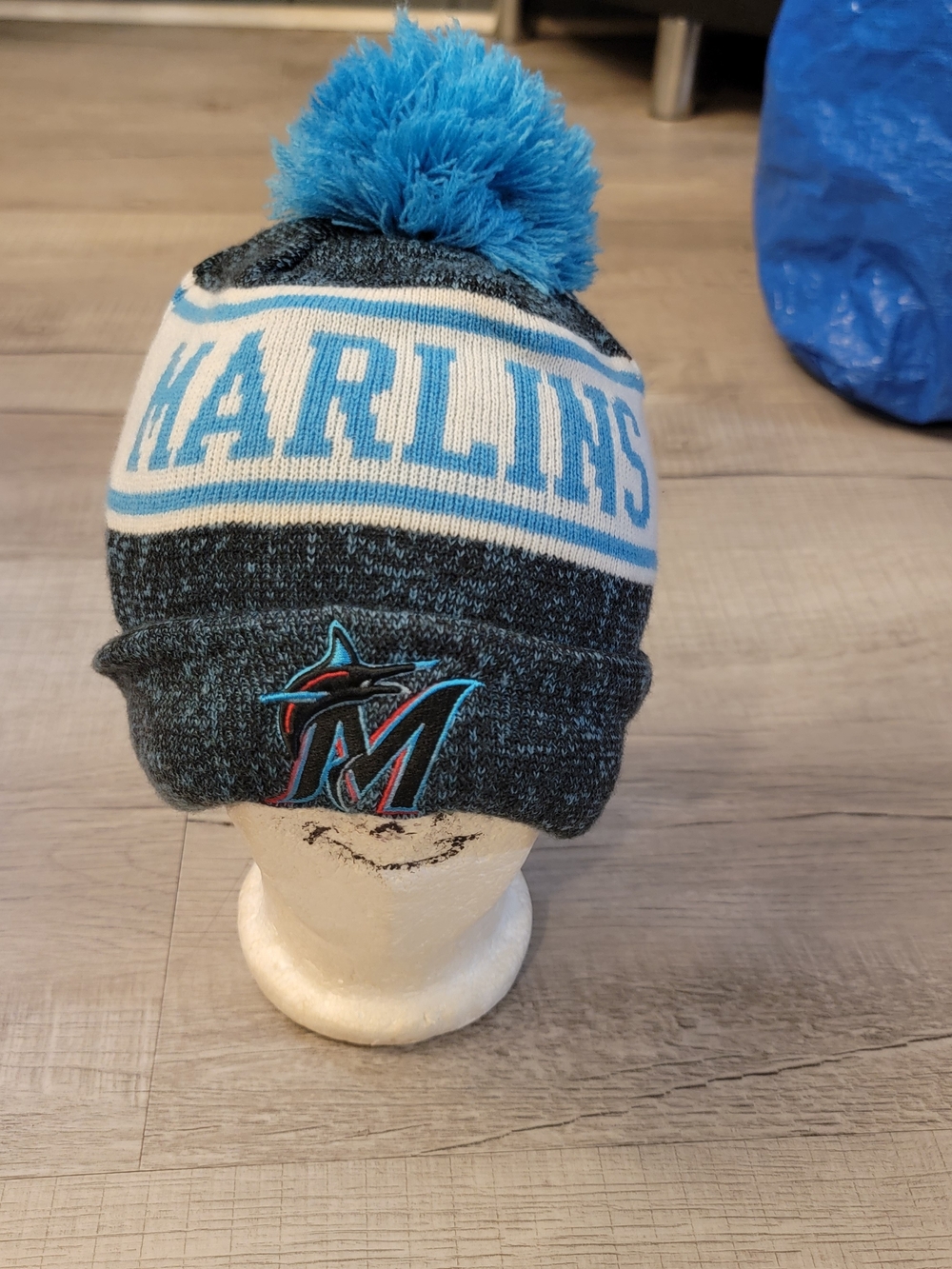 New Era Marlins Knit Pom Beanie in Teal and Black